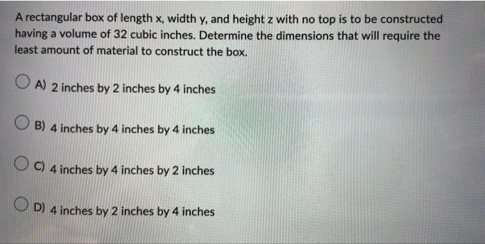 Solved A rectangular box of length x, width y, and height z | Chegg.com