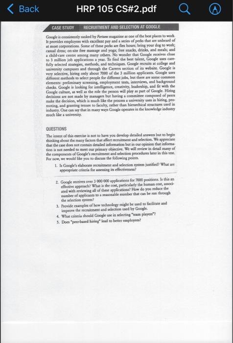Solved Back HRP 105 CS# 2.pdf CASE STUDY RECRUITMENT AND | Chegg.com