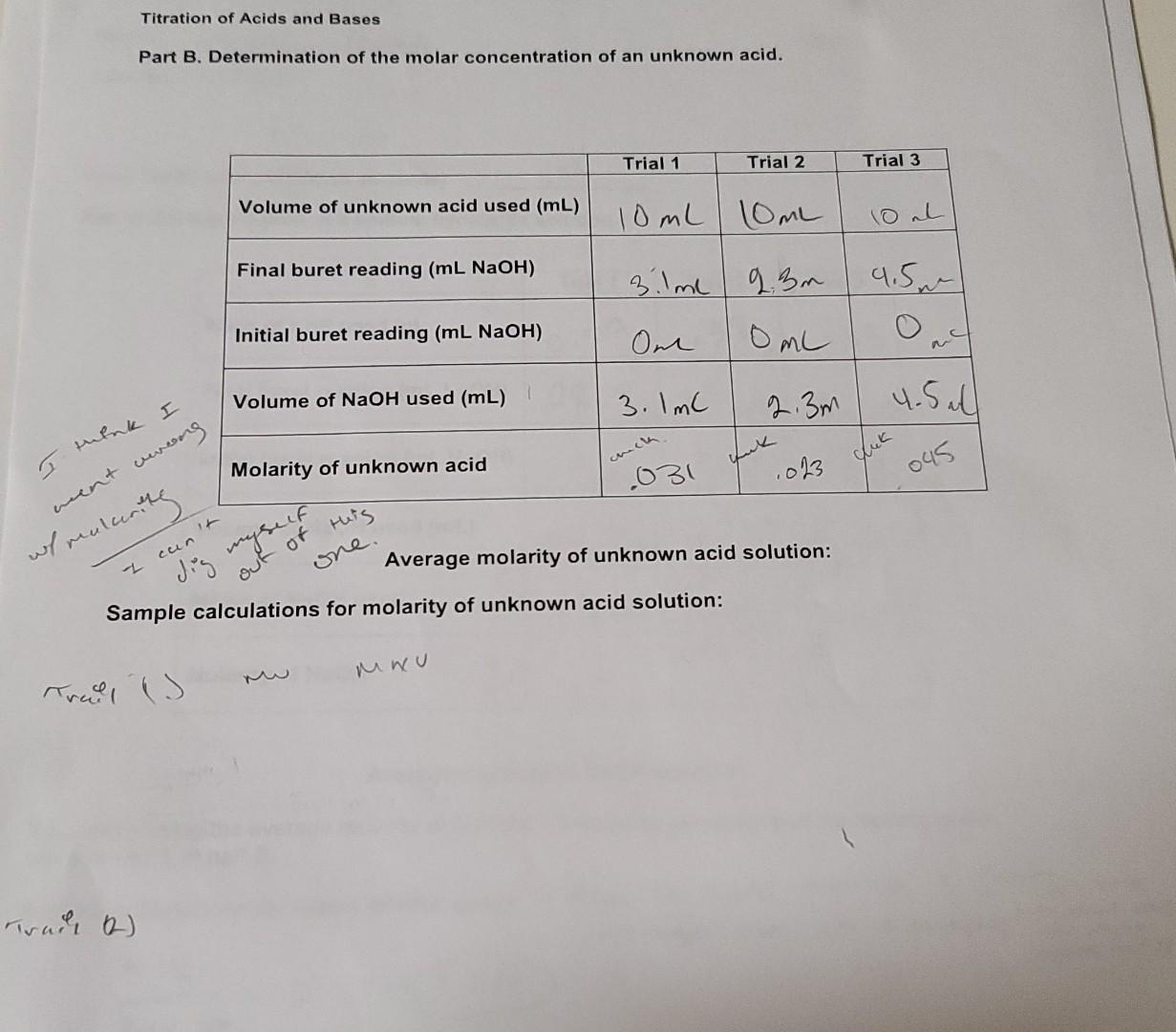 Solved Titration Of Acids And Bases Part B. Determination Of | Chegg.com