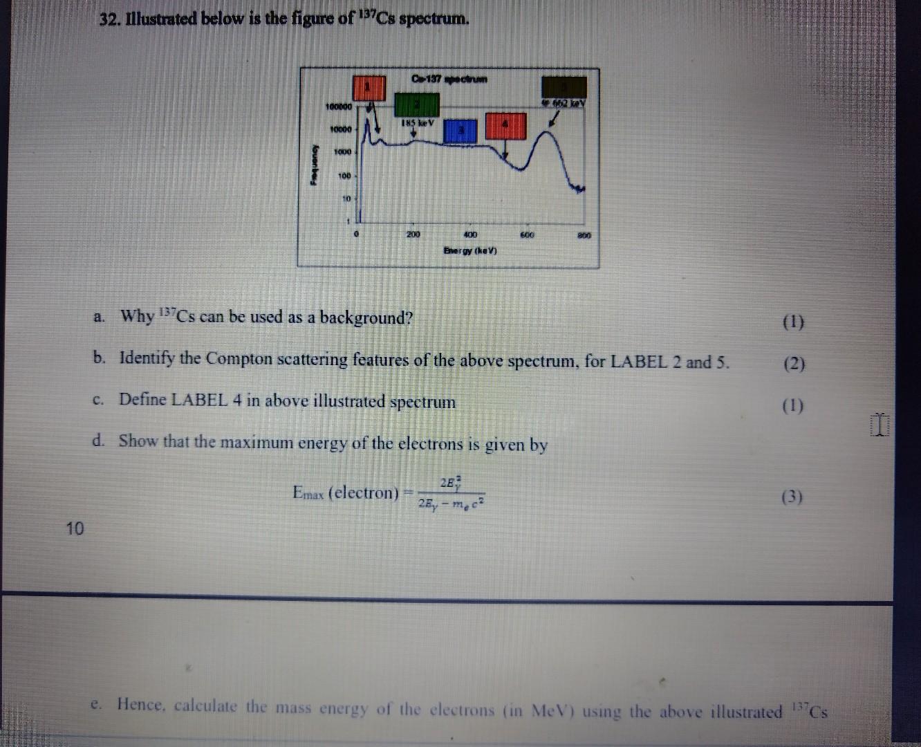 32. Illustrated below is the figure of \( { }^{137} \mathrm{Cs} \) spectrum.
a. Why \( { }^{137} \mathrm{Cs} \) can be used a