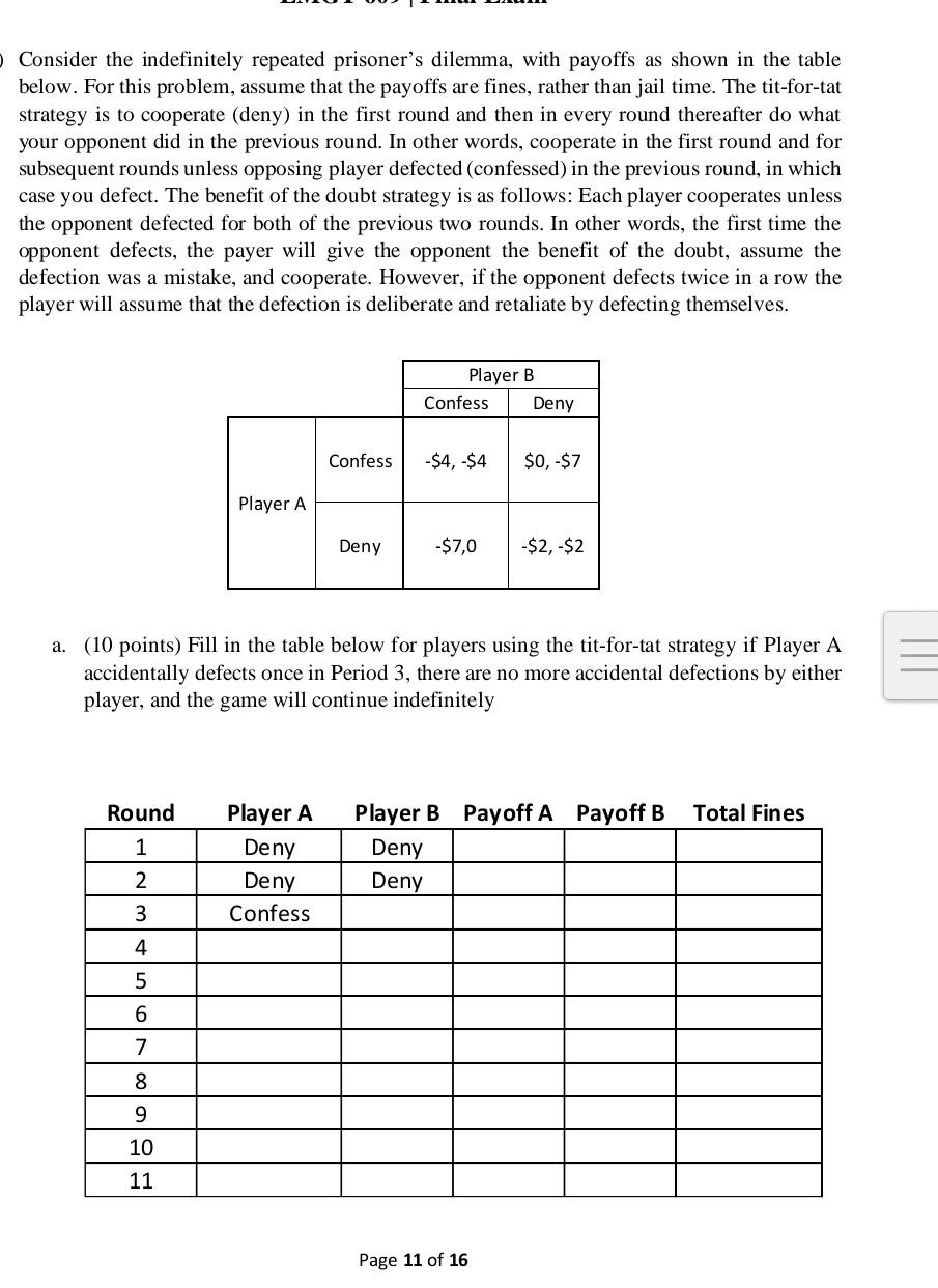 B. (10 Points) Fill In The Table Below For Players | Chegg.com