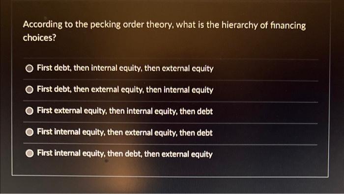 Solved According to the pecking order theory, what is the | Chegg.com