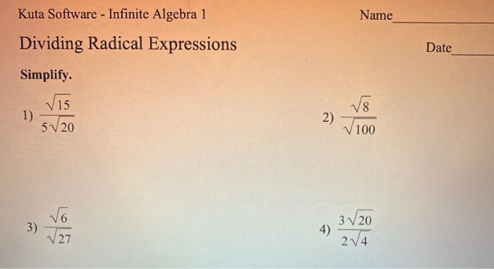 simplifying radical expressions kuta software algebra 1