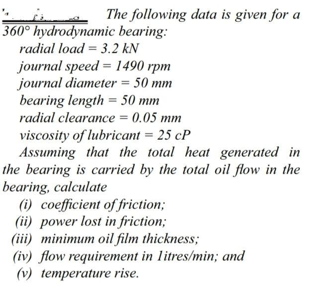 Solved The following data is given for a 360° hydrodynamic