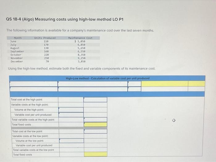 Solved QS 184 (Algo) Measuring costs using highlow method