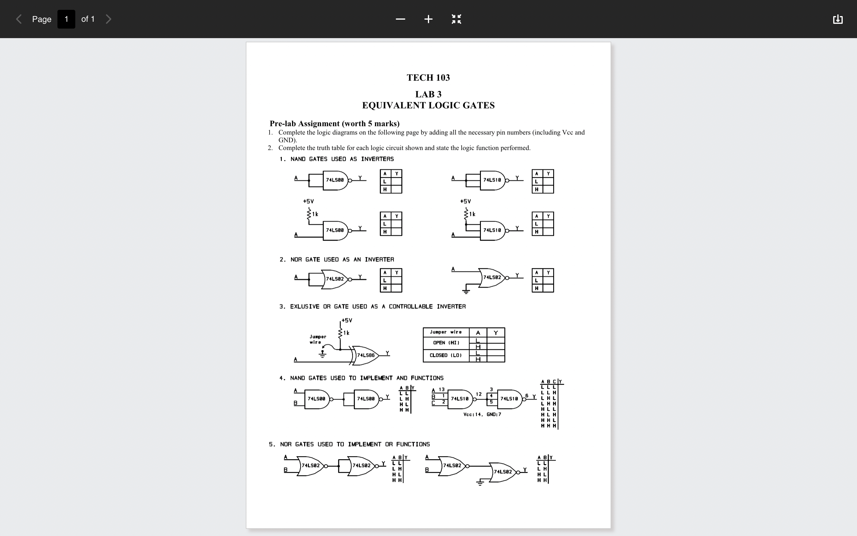 Solved Page1of 1TECH 103LAB 3EQUIVALENT LOGIC GATESPre-lab | Chegg.com