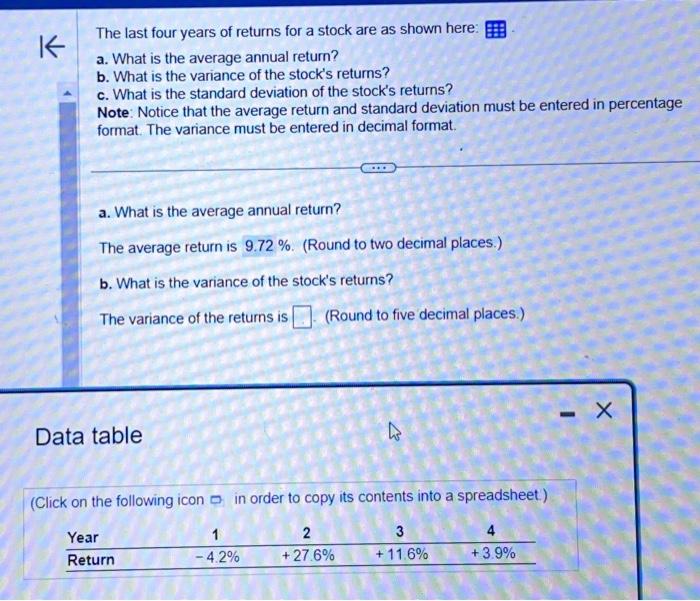 Solved The last four years of returns for a stock are as | Chegg.com