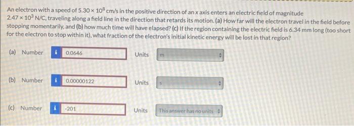 Solved An electron with a speed of 5.30×108 cm/5 in the | Chegg.com