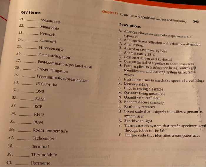 Solved Key Terms Computers and Specimen Handling and