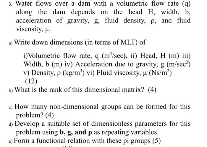 Solved 3. Water Flows Over A Dam With A Volumetric Flow Rate | Chegg.com