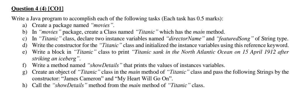 Solved Question 4 (4) [C01] Write a Java program to | Chegg.com