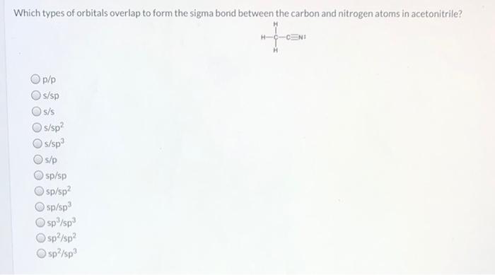 Solved Which types of orbitals overlap to form the sigma | Chegg.com