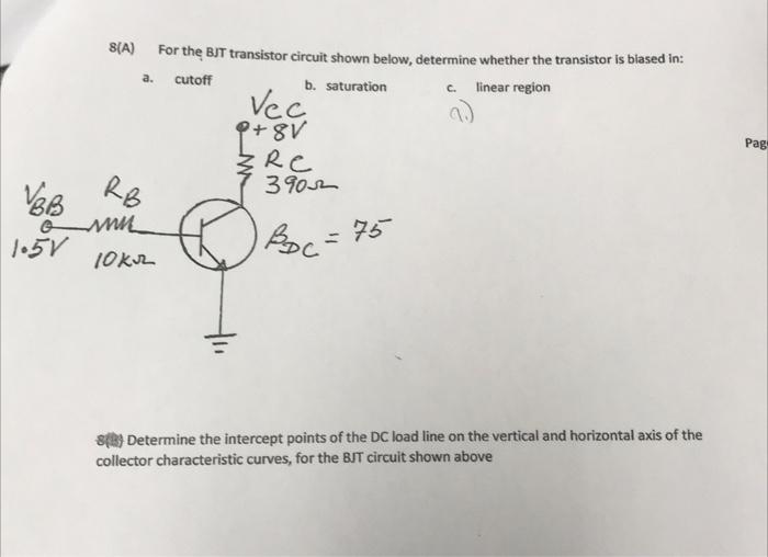 Solved a. c. Pag 8(A) For the BJT transistor circuit shown | Chegg.com