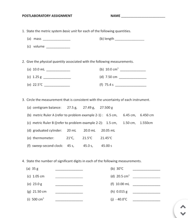 Solved Postlaboratory Assignment Name 1 State The Metric Chegg Com