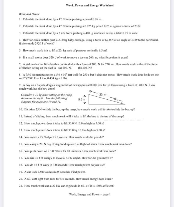 Solved Work Power And Energy Worksheet Work And Power 1 Chegg