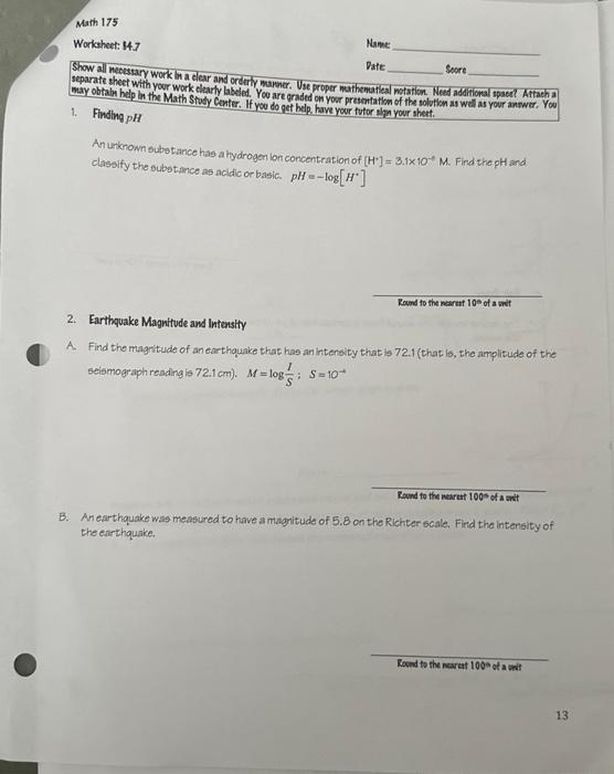 Solved Math 175 Name: Worksheet: $4.1 Score Pate Show all | Chegg.com