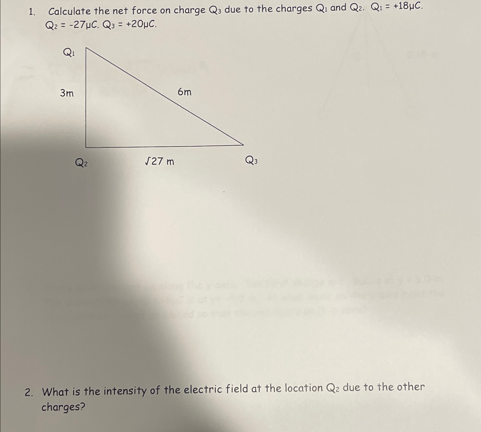 Solved Calculate the net force on charge Q3 ﻿due to the | Chegg.com