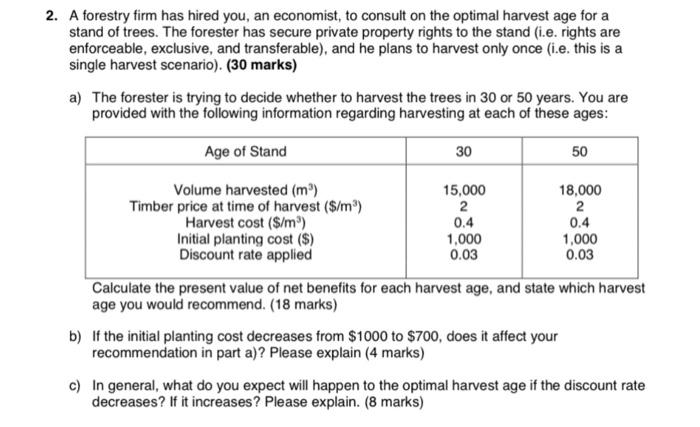 Solved 2. A forestry firm has hired you, an economist, to | Chegg.com
