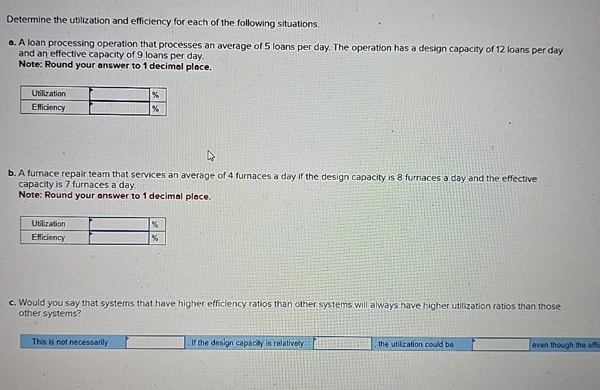 Solved Determine the utilization and efficiency for each of | Chegg.com