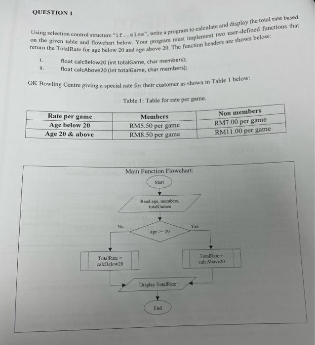 QUESTION 1
on the given table and flowchart below. Your program must implement two user-defined functions that
Using selectio