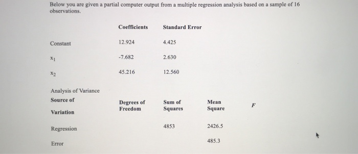 Solved Below you are given a partial computer output from a | Chegg.com