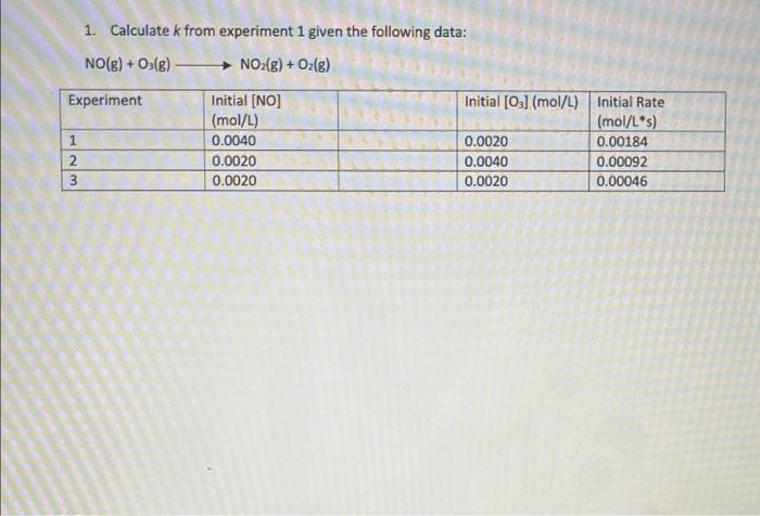 Solved 1. Calculate k from experiment 1 given the following | Chegg.com