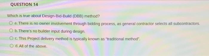 Solved QUESTION 14 Which is true about Design-Bid-Build | Chegg.com