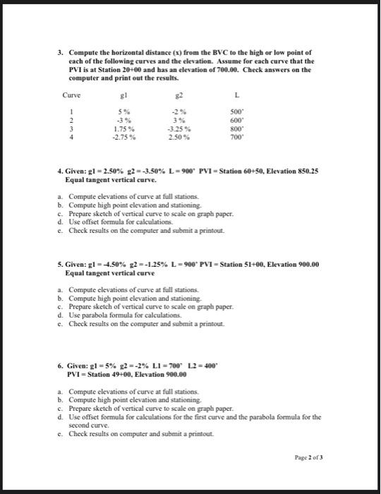 Solved VERTICAL CURVE PROBLEMS LAB EXERCISE 1. Compute the | Chegg.com