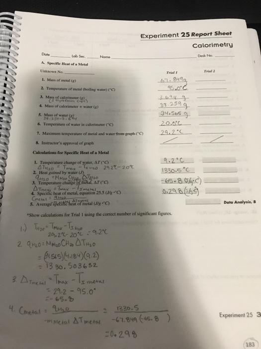 experiment 25 report sheet calorimetry