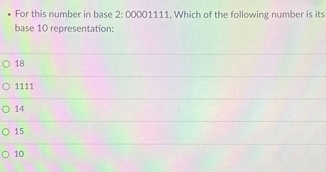 Solved For this number in base 2:00001111, ﻿Which of the | Chegg.com