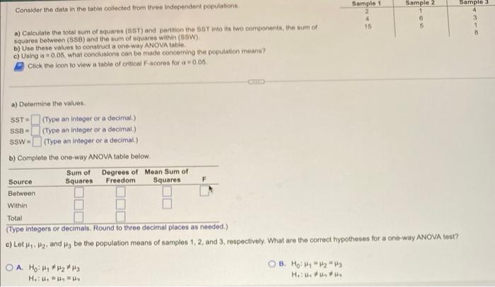Solved Consider the data in the table collected from three | Chegg.com