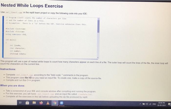 Solved Nested While Loops Exercise Use ex} linect.cpp in the | Chegg.com