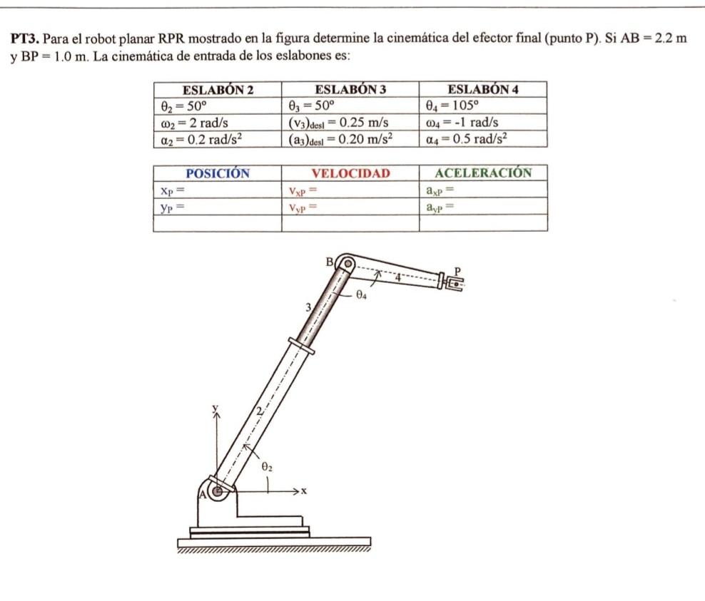 PT3. Para el robot planar RPR mostrado en la figura determine la cinemática del efector final (punto \( \mathrm{P} \) ). \( \