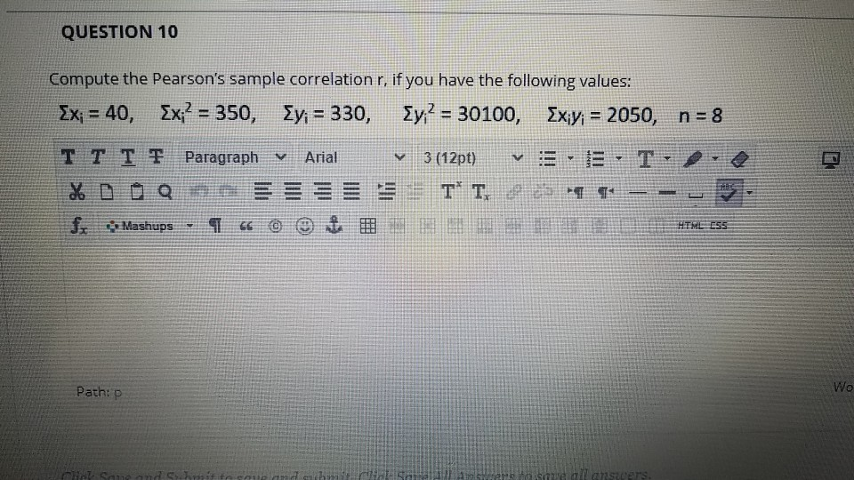 Solved QUESTION 10 Compute the Pearson's sample correlation | Chegg.com