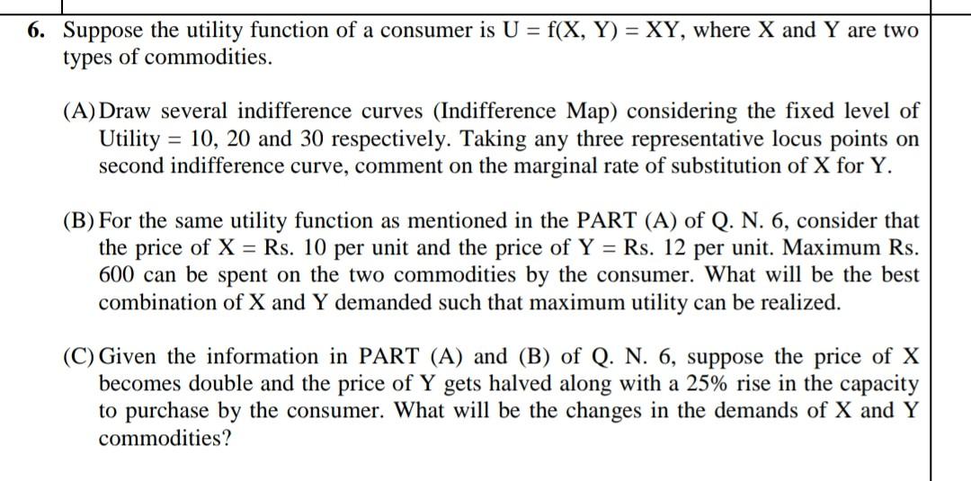 Solved Suppose the utility function of a consumer is | Chegg.com
