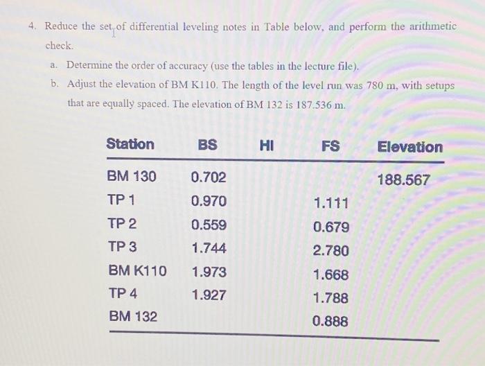 Solved 4. Reduce the set, of differential leveling notes in | Chegg.com