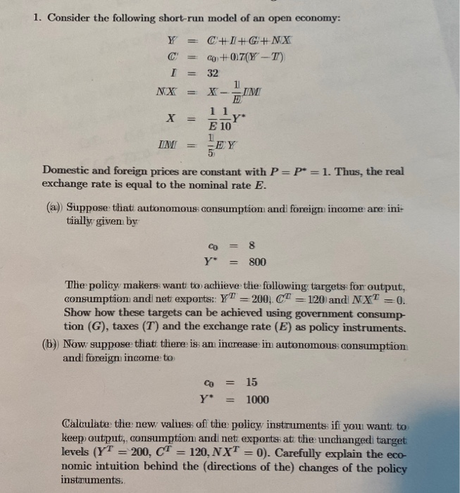 Solved 1 Consider The Following Short Run Model Of An Op Chegg Com