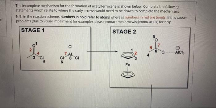 The incomplete mechanism for the formation of acetylferrocene is shown below. Complete the following statements which relate 