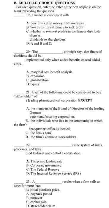 Solved B. MULTIPLE CHOICE QUESTIONS For Each Question, Enter | Chegg.com