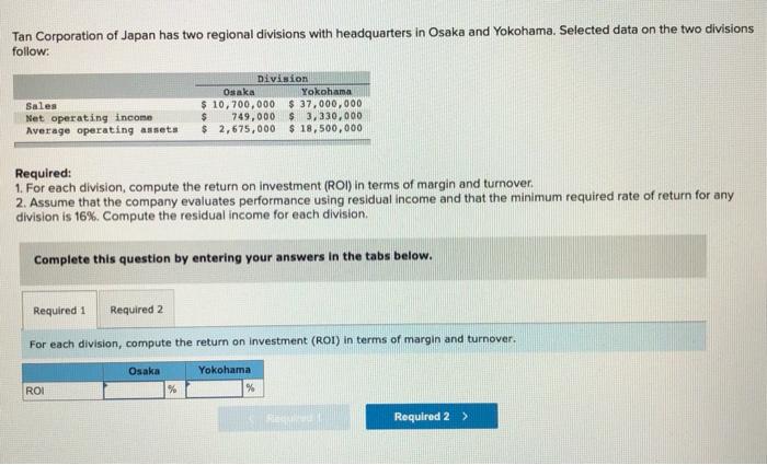 Solved Tan Corporation of Japan has two regional divisions | Chegg.com