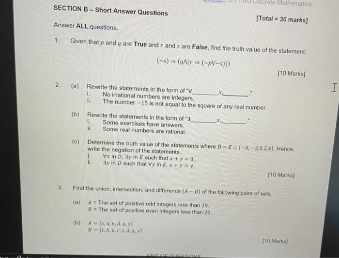 Solved Discrete Mathematics SECTION B - Short Answer | Chegg.com