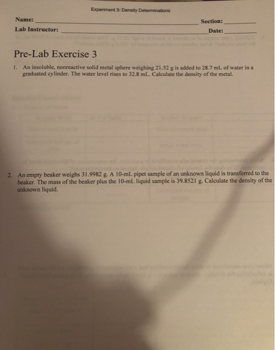 Solved Experiment 3: Density Determinations Name: Lab | Chegg.com