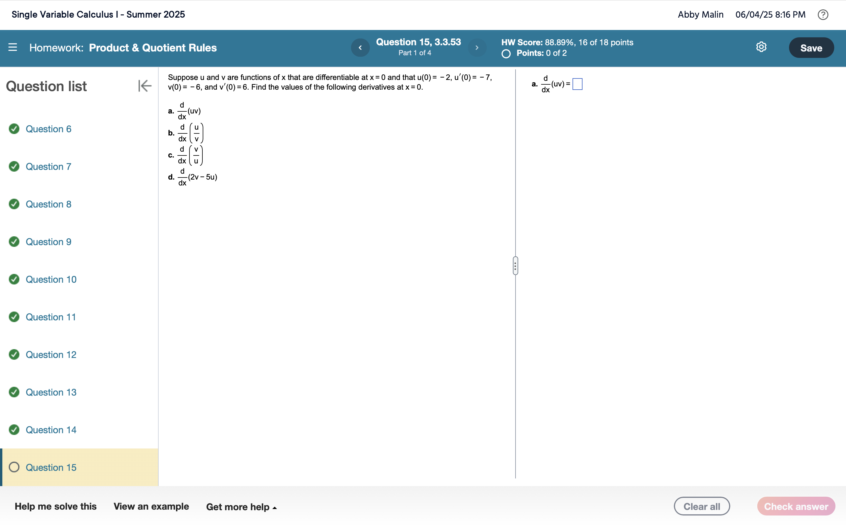 Solved Single Variable Calculus I - ﻿Summer 2025Abby | Chegg.com