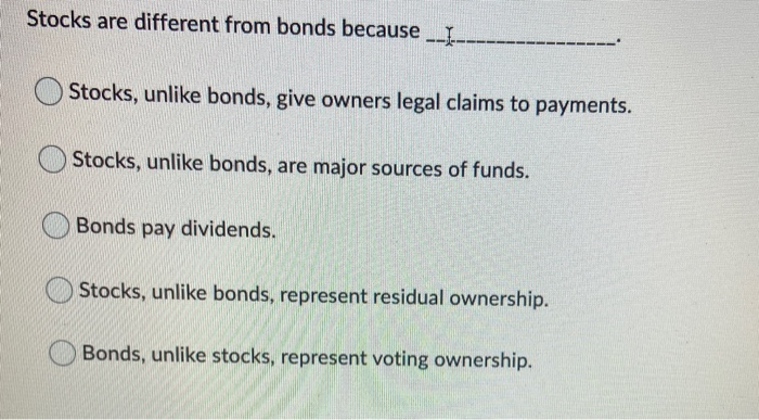 Solved Stocks Are Different From Bonds Because __I_ Stocks, | Chegg.com