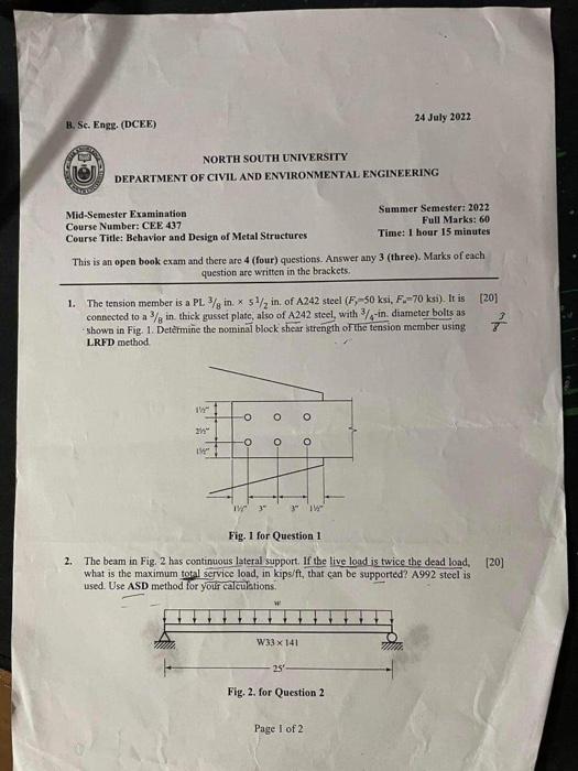 Solved NORTH SOUTH UNIVERSITY DEPARTMENT OF CIVIL AND | Chegg.com