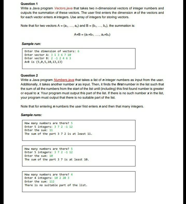 Solved Question 1 Write a Java program Vectors.java that | Chegg.com