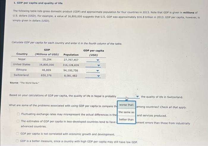 Solved 1. GDP per capita and quality of life The following | Chegg.com