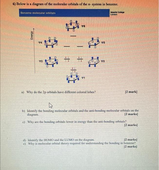 6) Below is a diagram of the molecular orbitals of the n-system in benzene.
Imperial College
London
Benzene molecular orbital