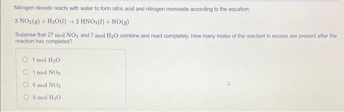 Nitrogen dioxide reacts with water to form nitric acid and nitrogen monoxide according to the equation:
\[
3 \mathrm{NO}_{2}(