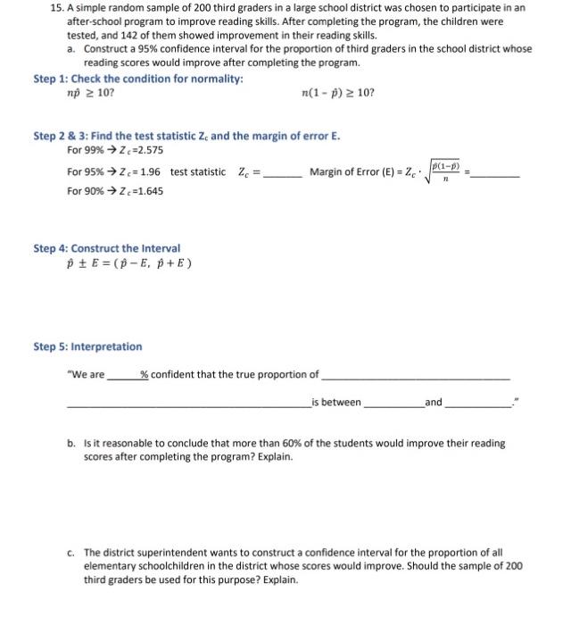 Solved 15. A simple random sample of 200 third graders in a | Chegg.com